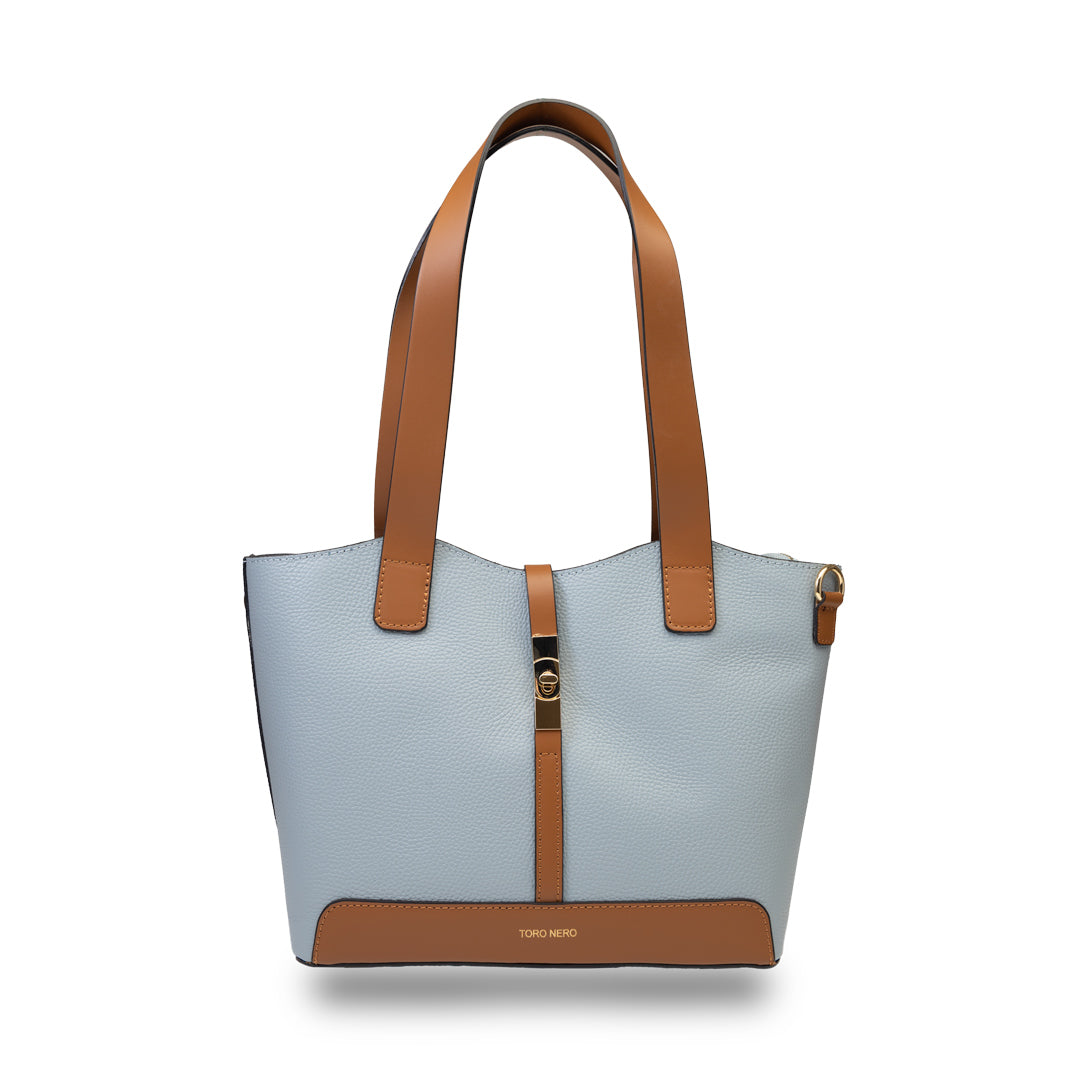 Bolso de mujer de cuero genuino marrón y azul claro Sorina