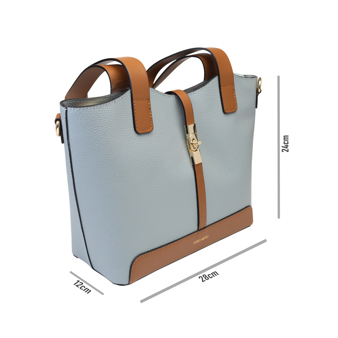Bolso de mujer de cuero genuino marrón y azul claro Sorina
