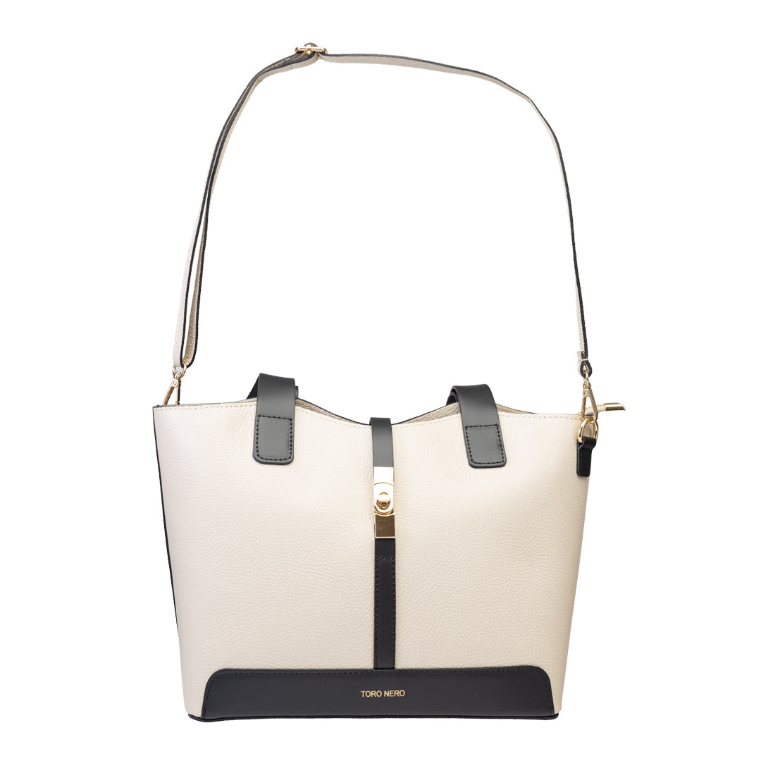 Sac à main femme en cuir véritable noir et beige Sorina