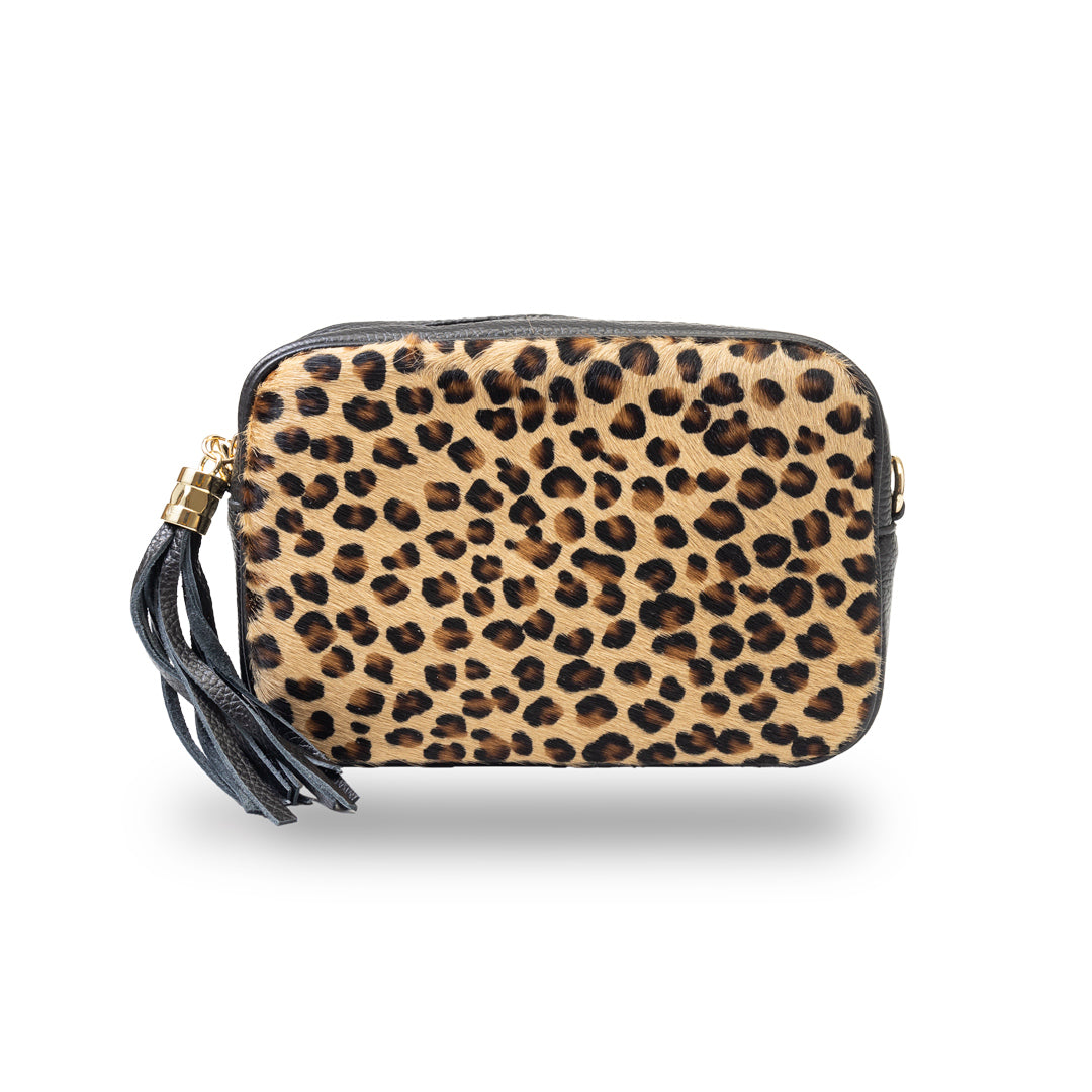 Bolso de mujer de piel natural negro estampado leopardo Adela