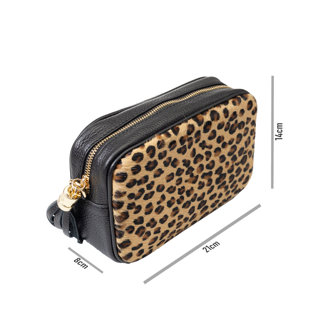 Bolso de mujer de piel natural negro estampado leopardo Adela