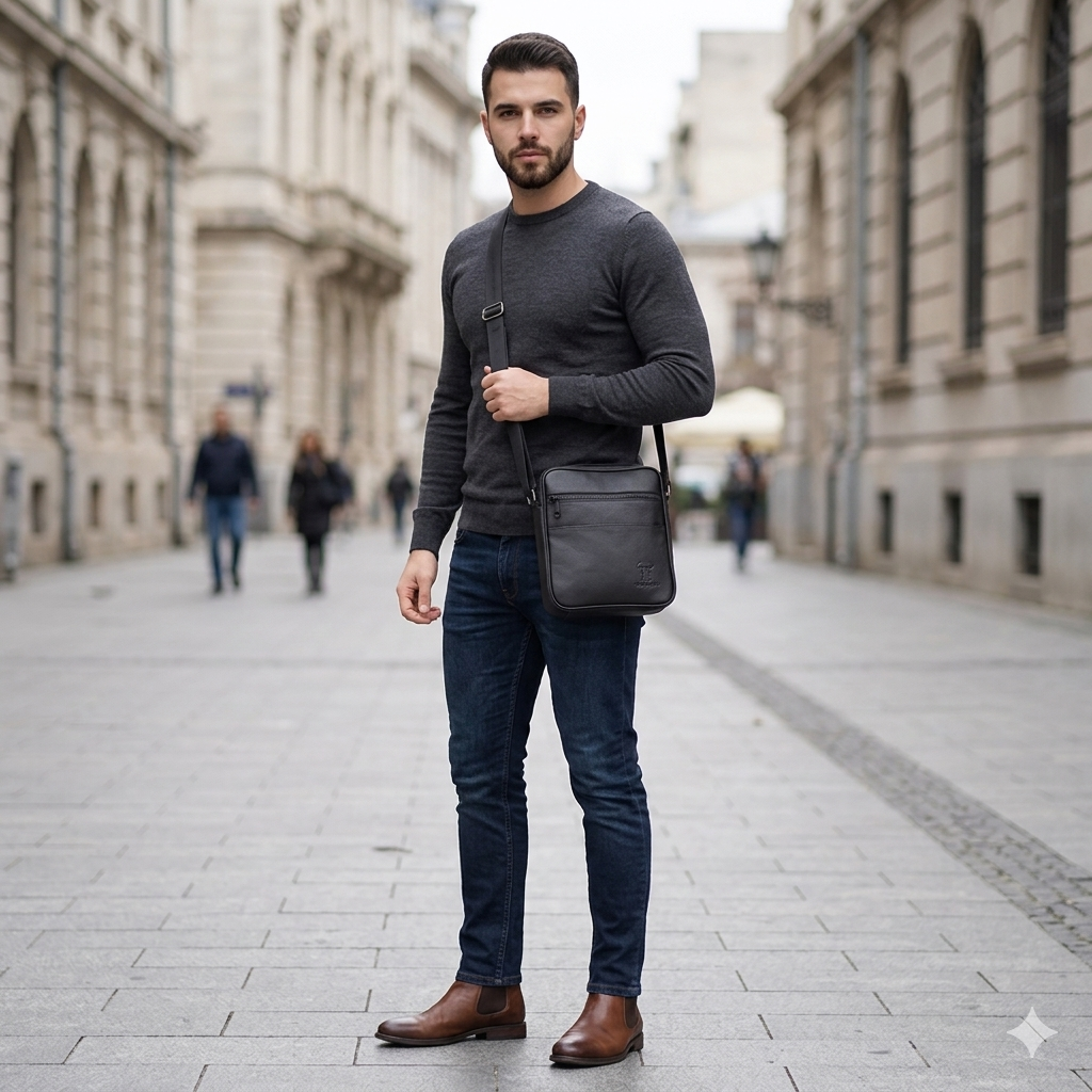 Bolso de hombre de piel natural negra Miror