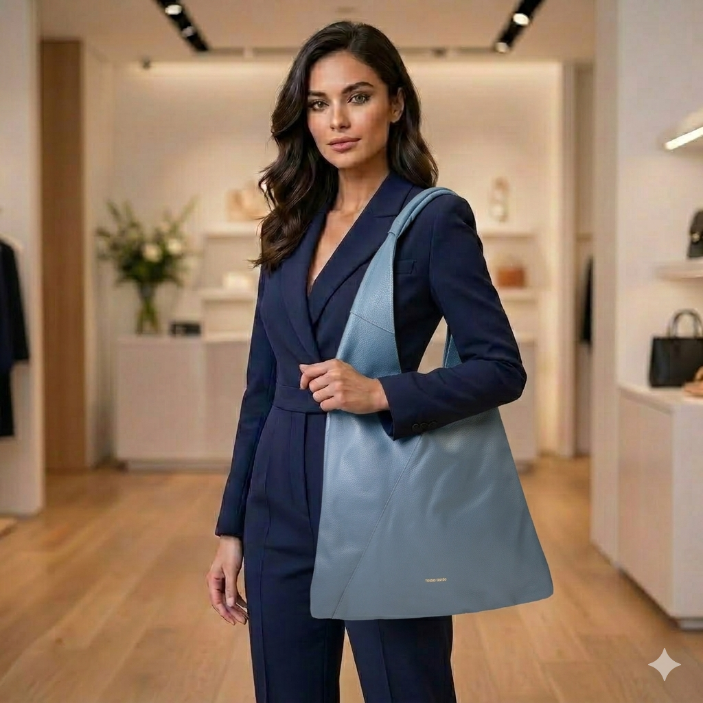 Bolso de piel natural azul Camelia para mujer