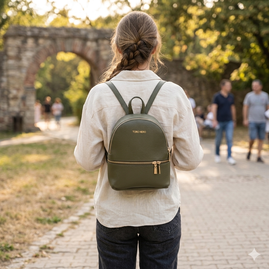 Mochila de mujer de piel auténtica verde militar Teen Spirit