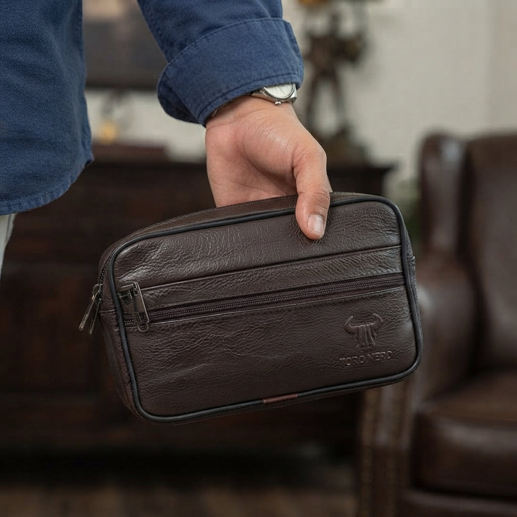 Riñonera de piel auténtica marrón para hombre con asa y correa