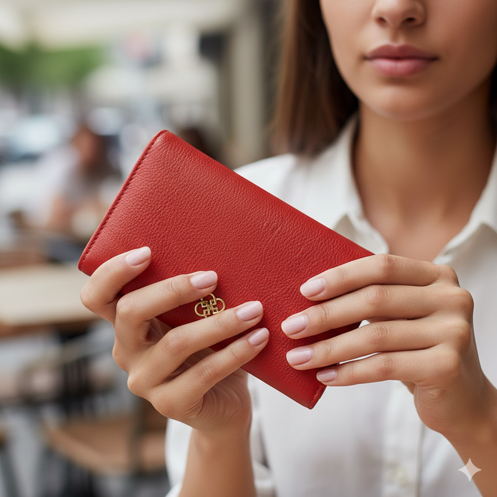 Cartera de mujer de piel natural roja-detalle Little