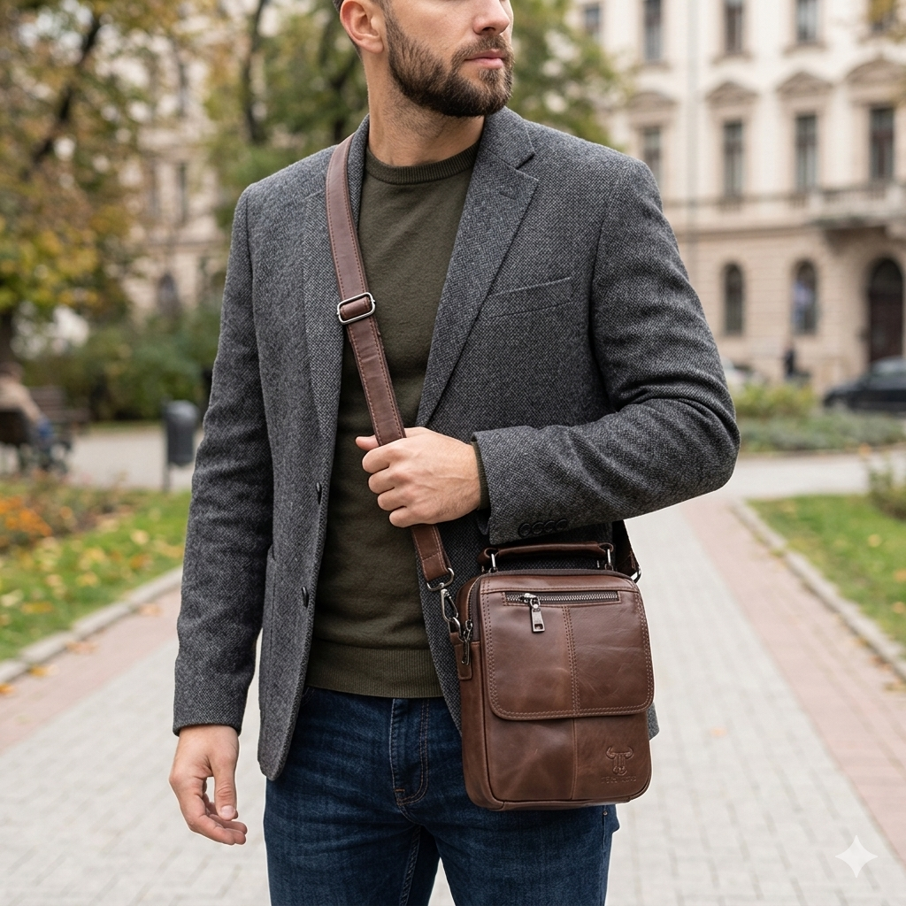 Bolso de hombre de piel genuina marrón Trío