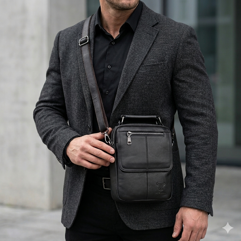 Bolso de hombre de piel natural negro Trio