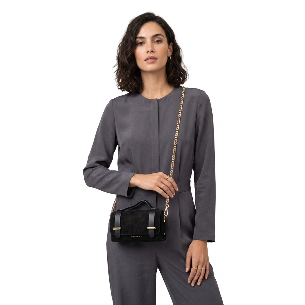 Bolso de mujer de piel natural negra piel vuelta Natalia