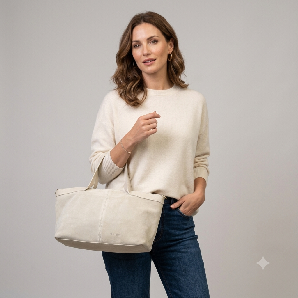 Bolso de mujer de piel serraje natural beige Bianca