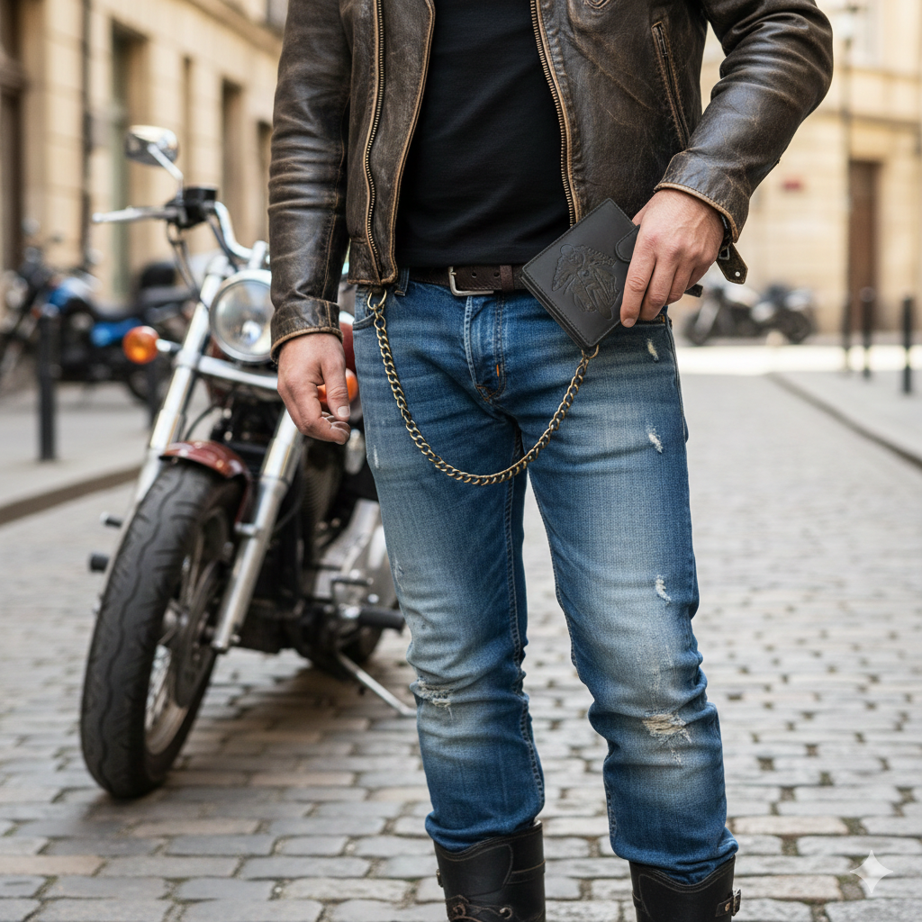Cartera de hombre de cuero genuino negro Motorbike