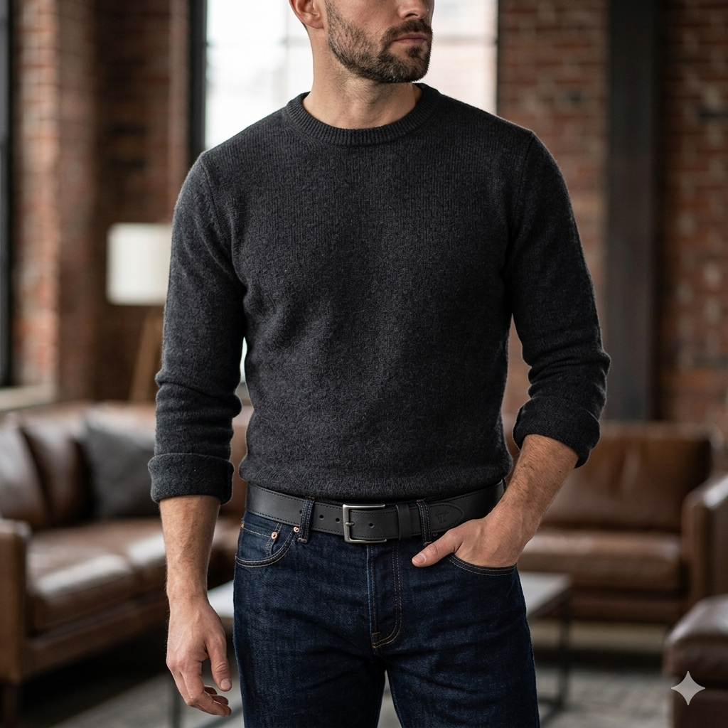 Cinturón para hombre de cuero natural negro Denim