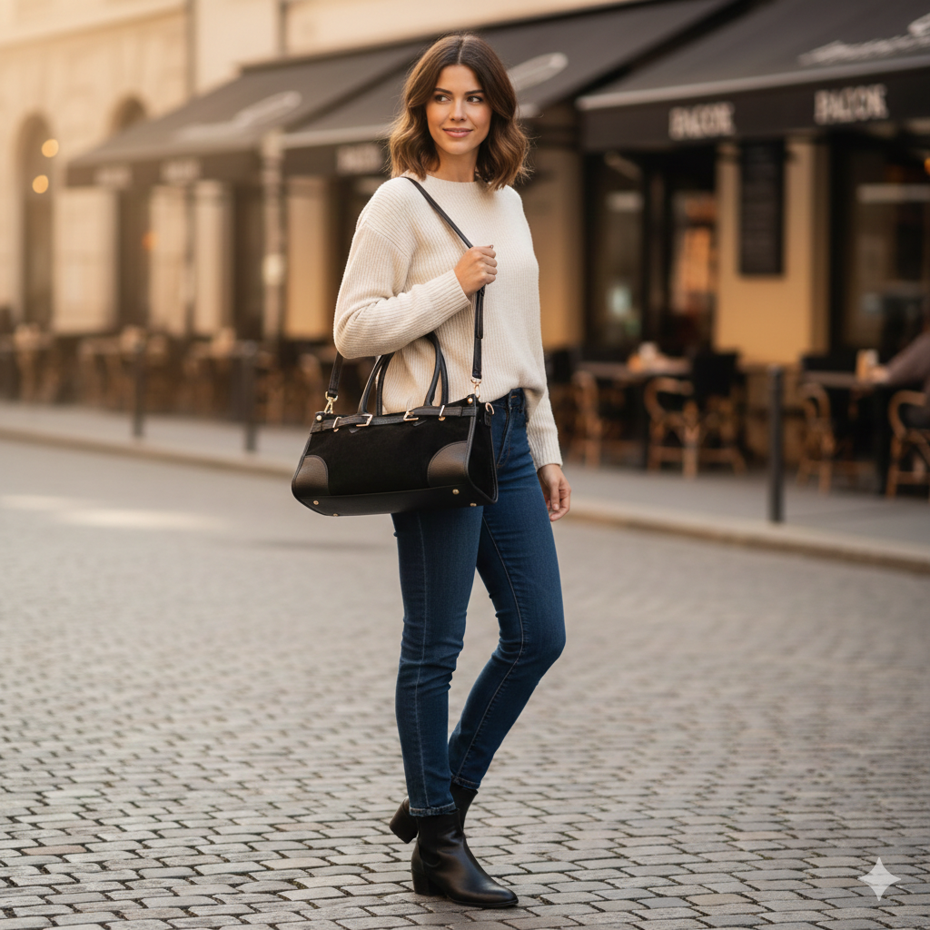 Bolso de mujer de cuero genuino negro Evelin