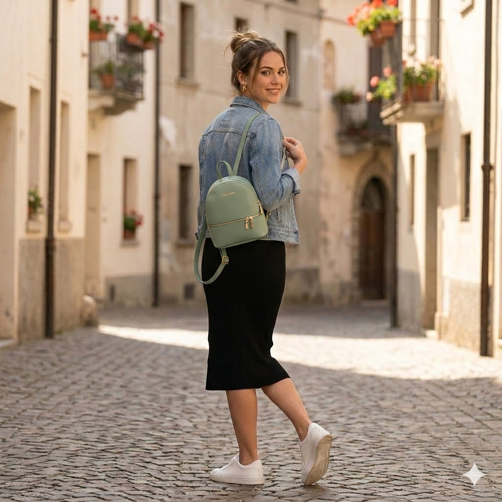 Mochila de mujer de cuero genuino verde salvia Teen Spirit