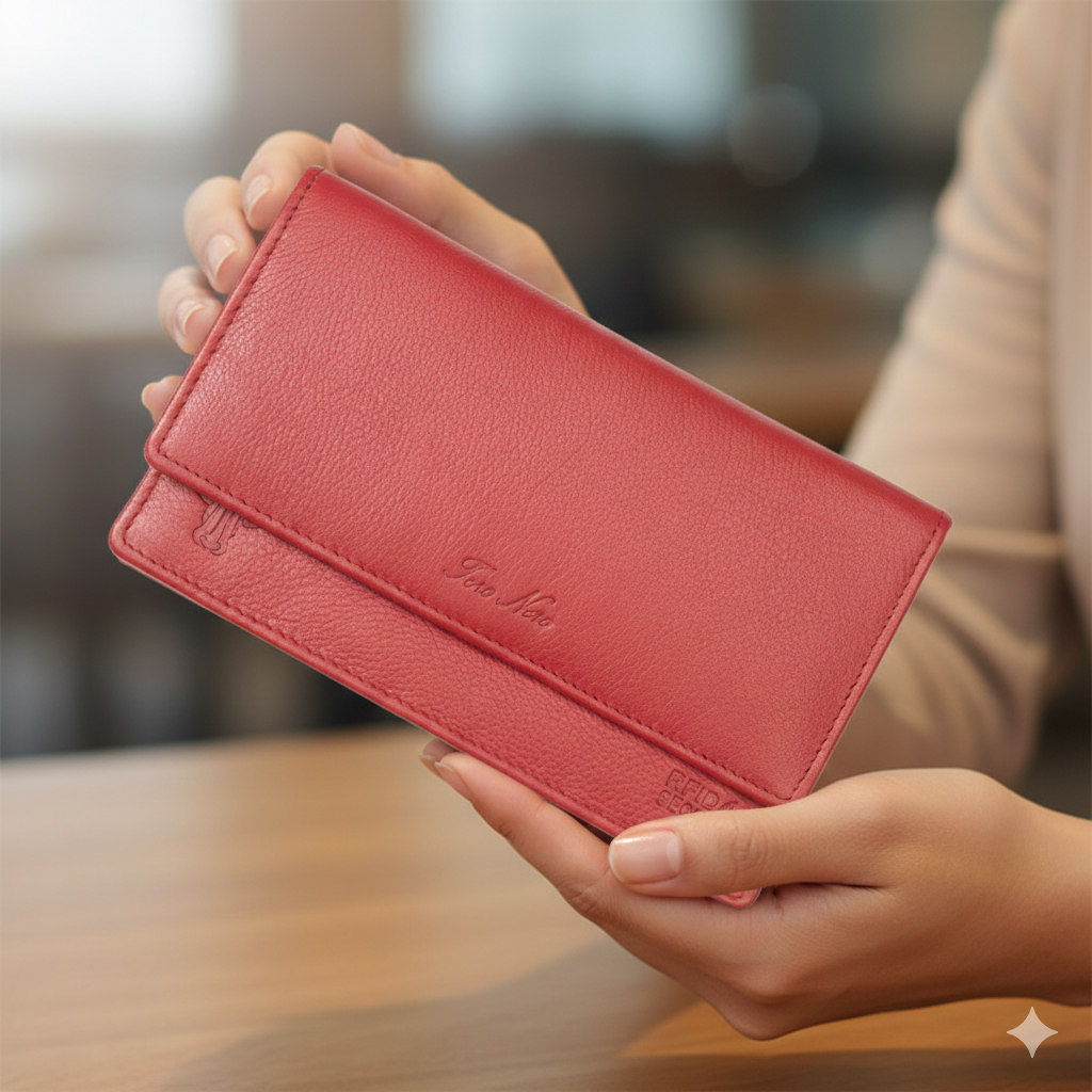Portafoglio da donna in vera pelle rosso Cloudy, protezione RFID