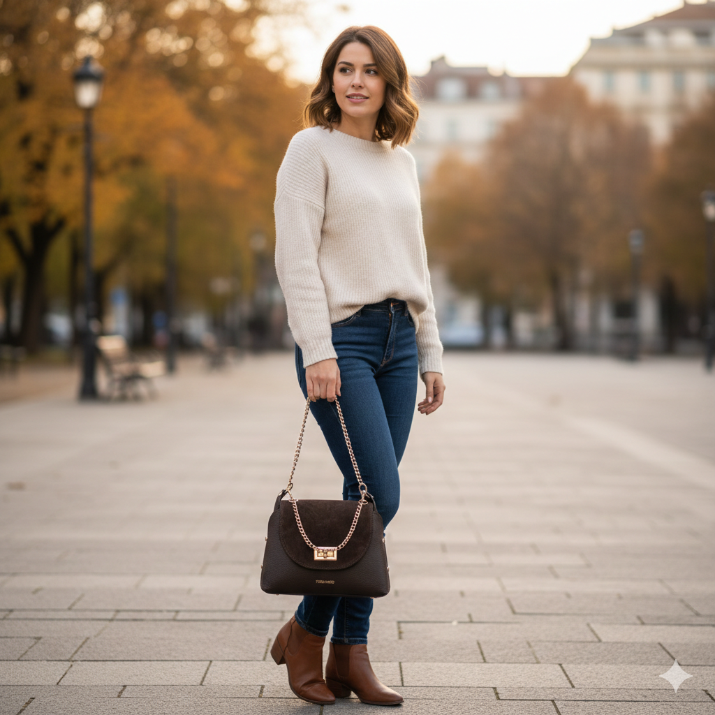 Bolso de mujer de ante natural, marrón oscuro Raisa