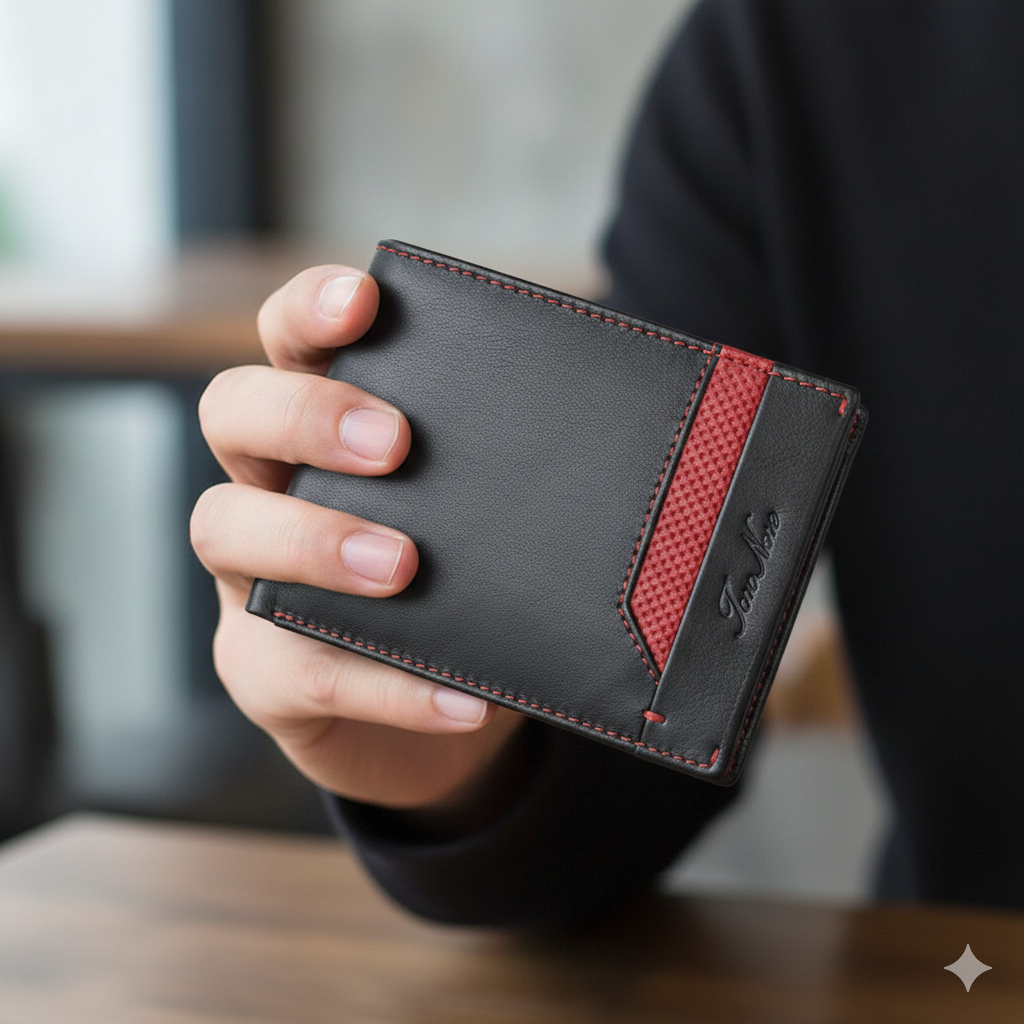 Billetera de cuero genuino negro-rojo Vox para hombre, protección RFID