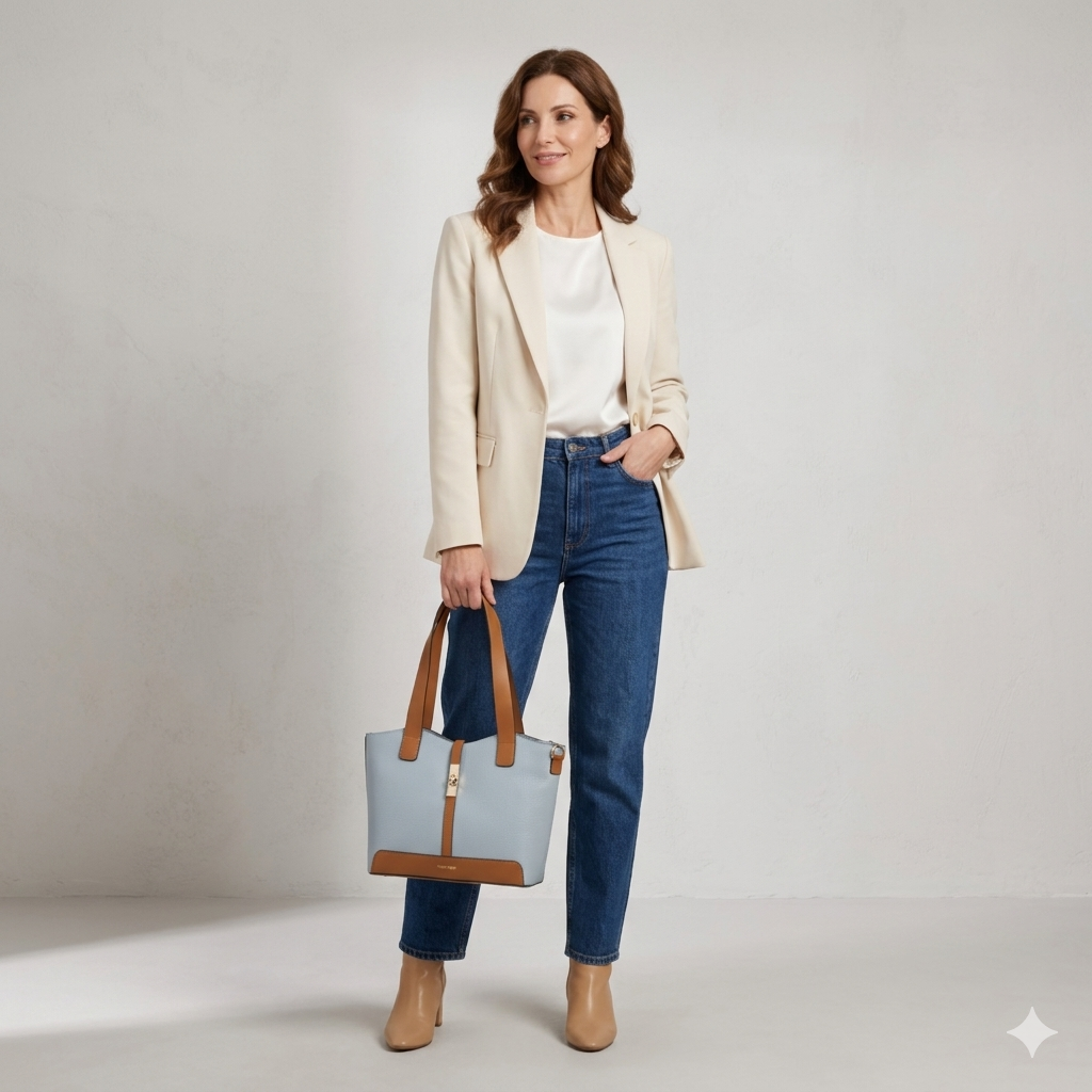Sac à main pour femme en cuir véritable marron-bleu clair Sorina