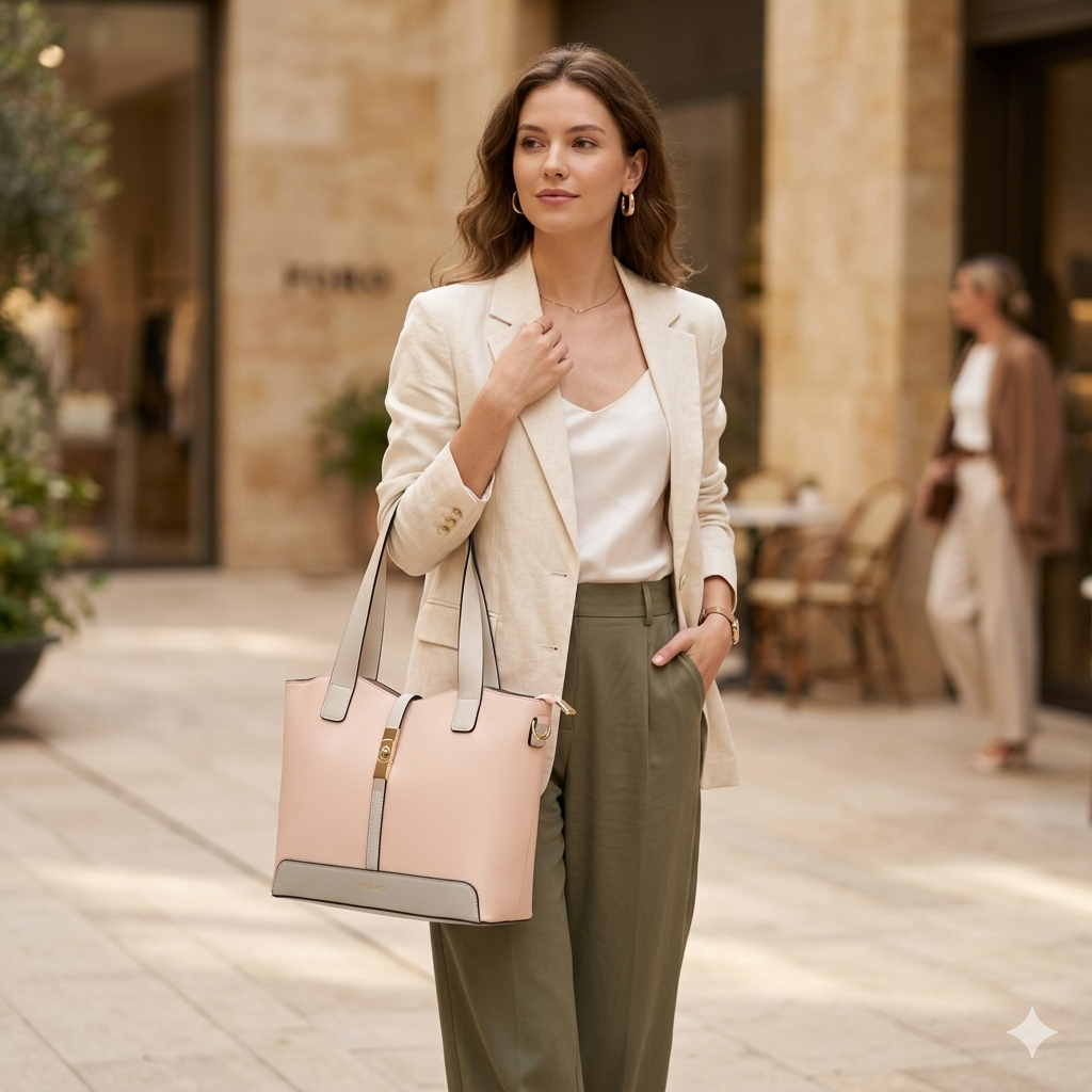 Bolso de mujer de piel natural beige-rosa pálido Sorina