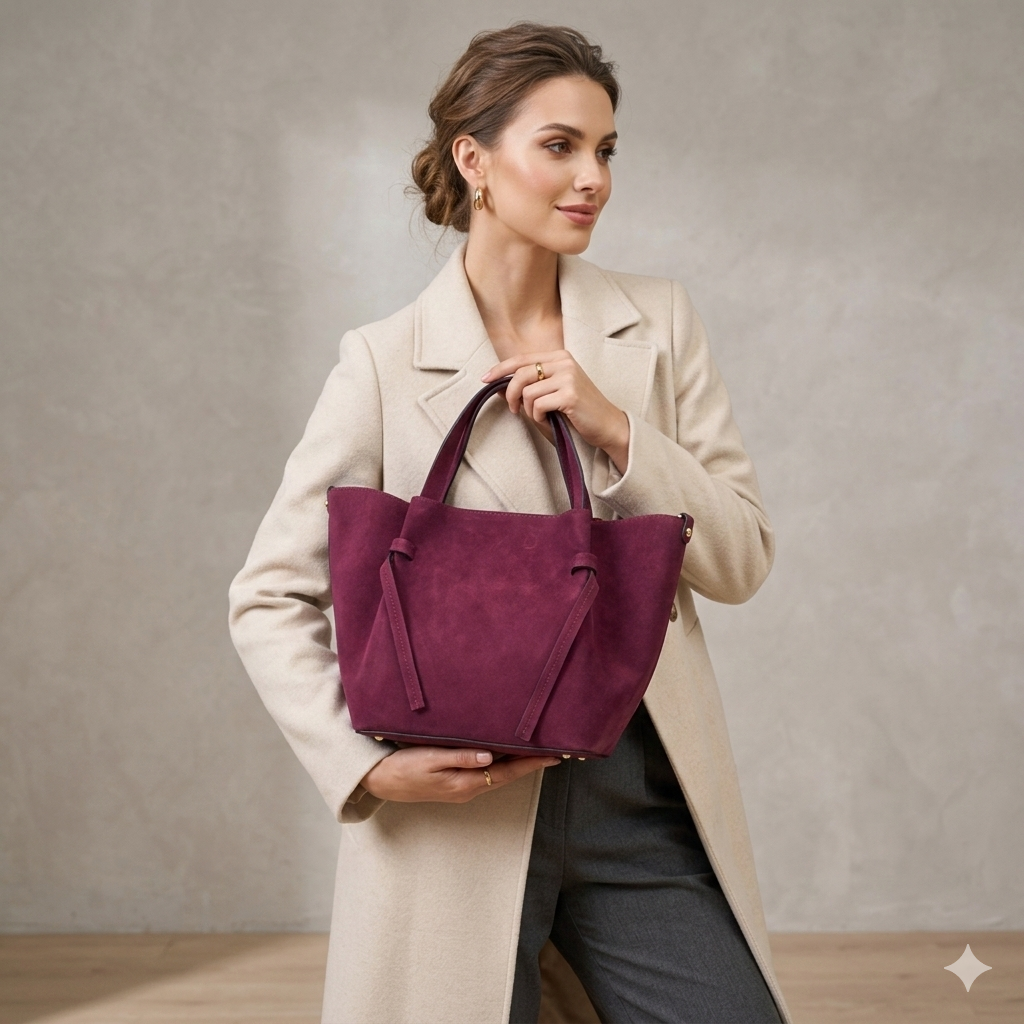 Bolso de mujer de ante natural color ciruela Loretta