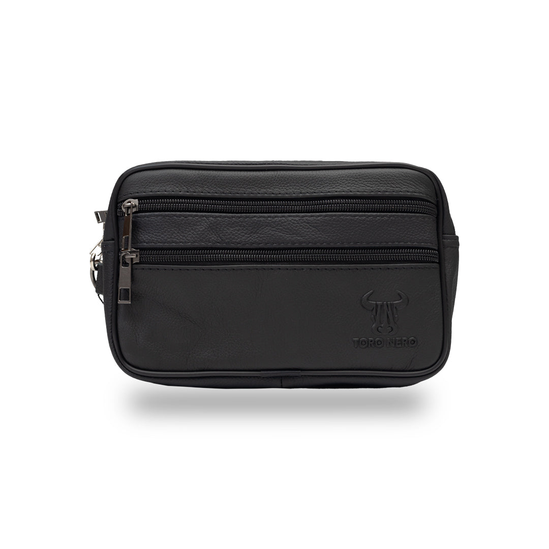 Bolso de piel natural negra para hombre. Para llevar en la mano o en el cinturón.