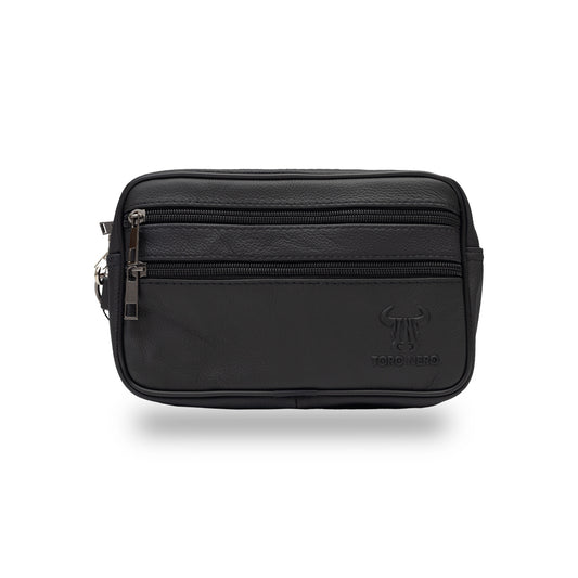 Bolso de piel natural negra para hombre. Para llevar en la mano o en el cinturón.