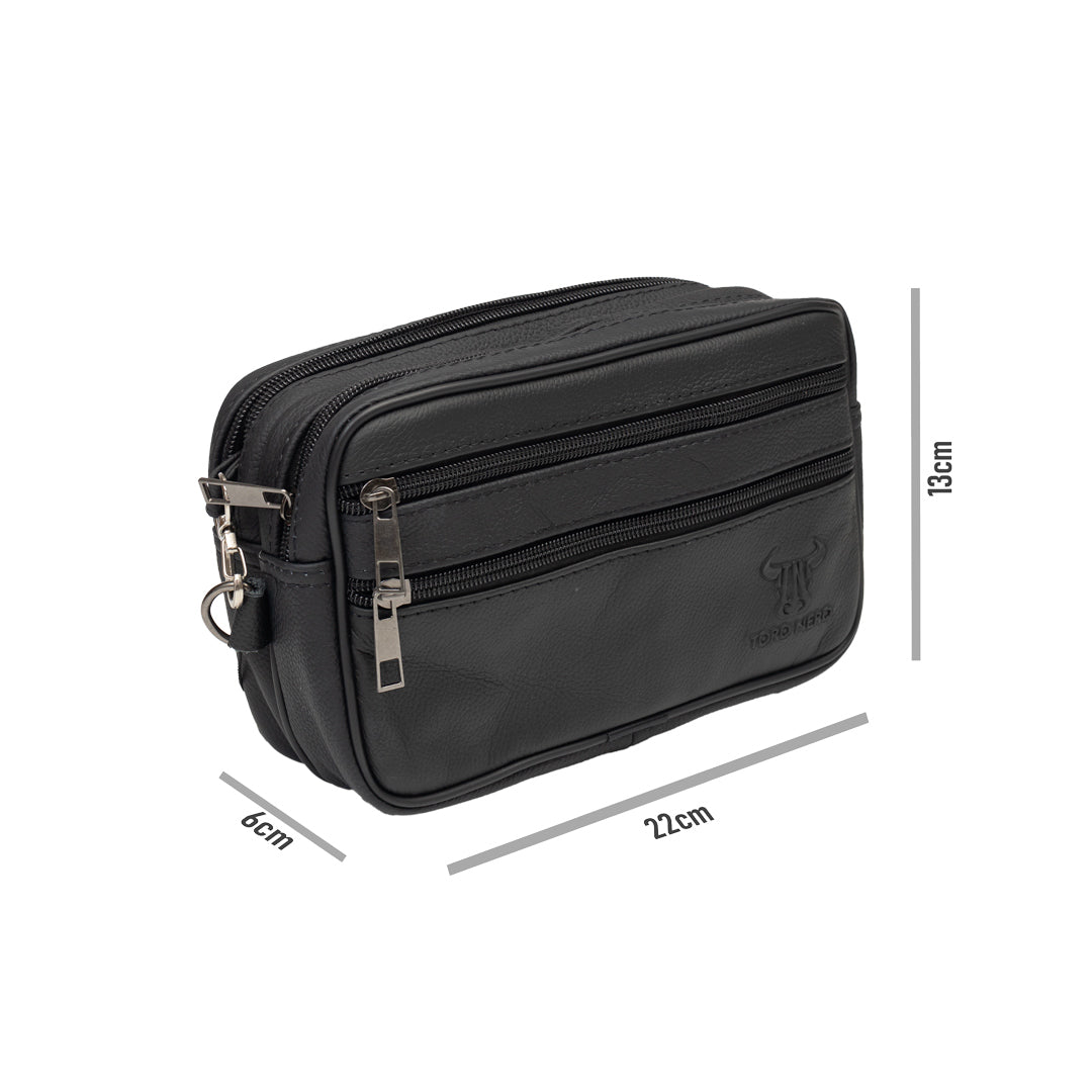 Bolso de piel natural negra para hombre. Para llevar en la mano o en el cinturón.