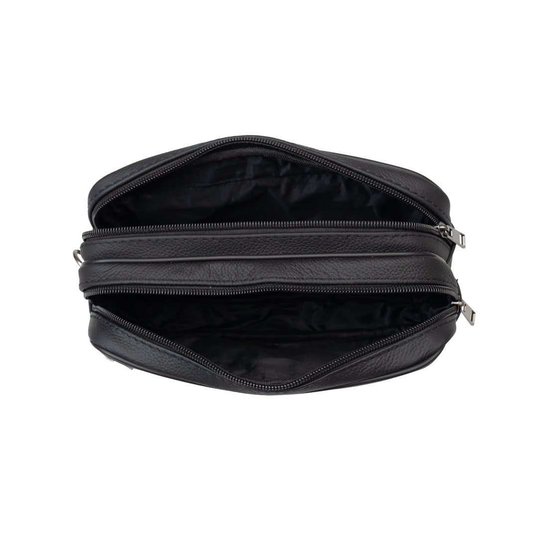 Bolso de piel natural negra para hombre. Para llevar en la mano o en el cinturón.