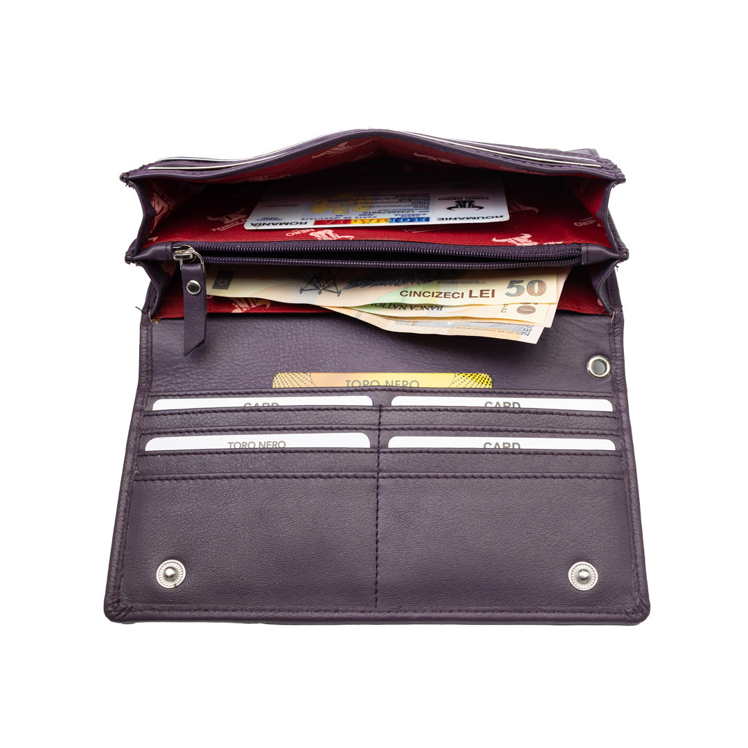 Cartera de mujer de piel genuina morada Chiara, protección RFID