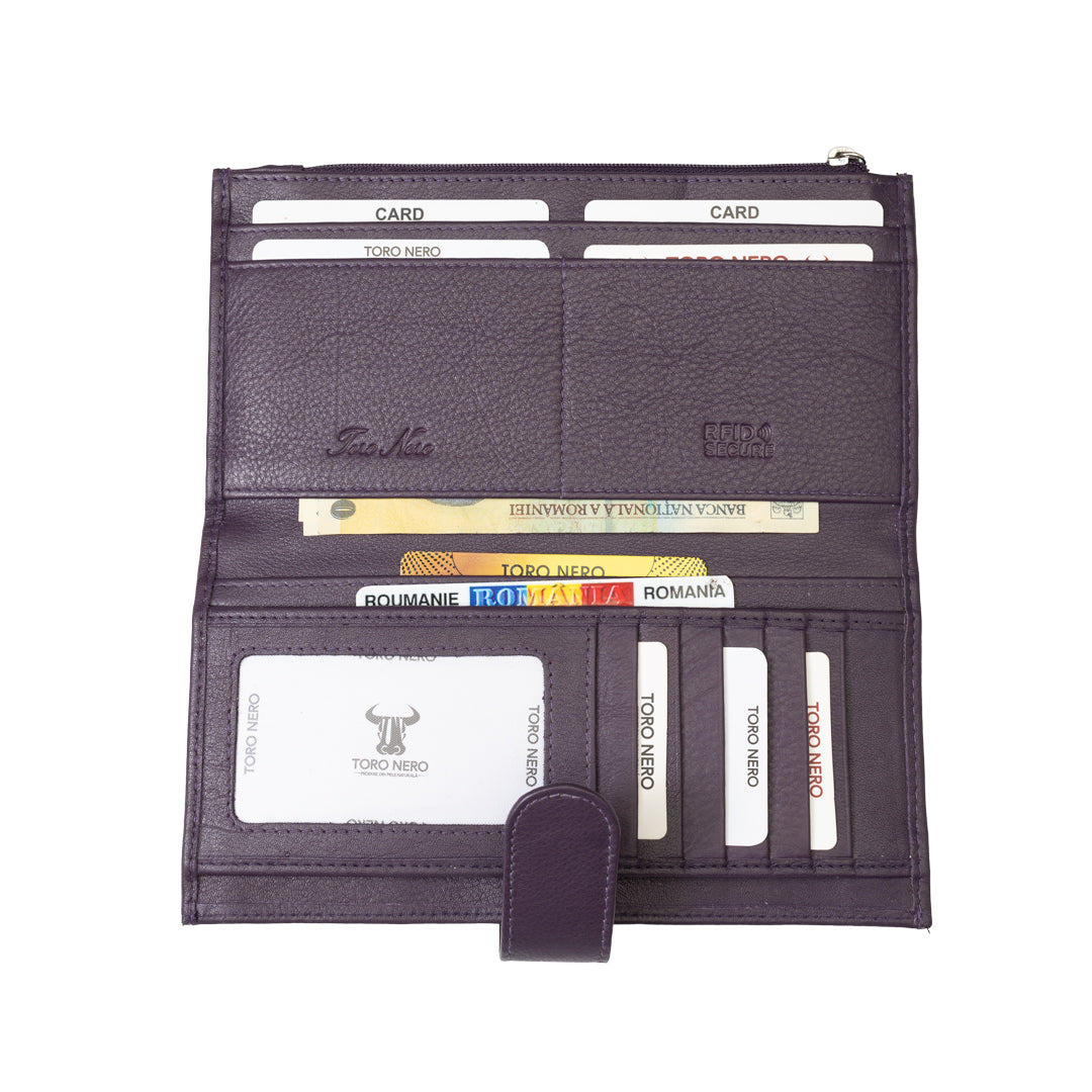 Cartera de mujer de piel genuina morada Cory, protección RFID