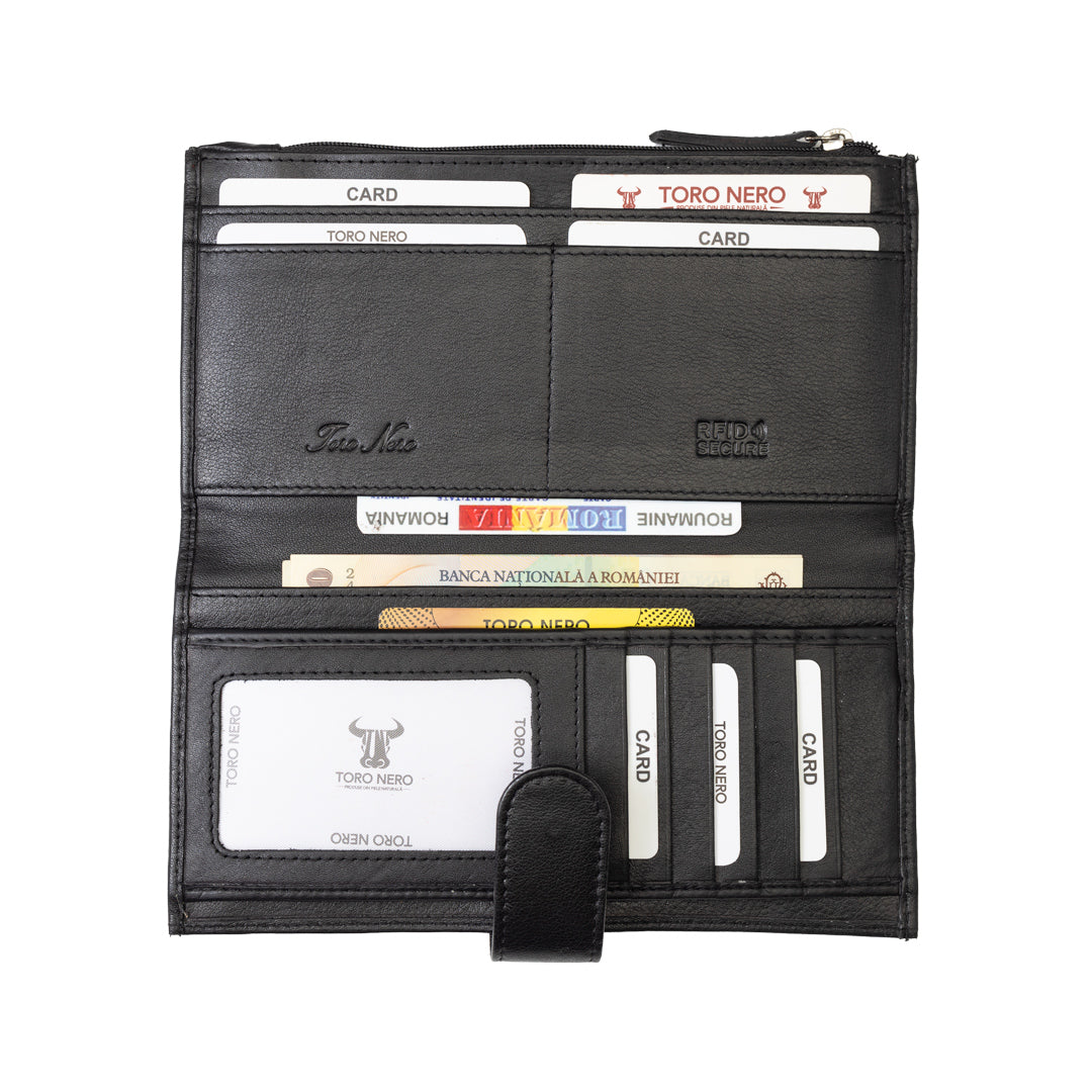 Billetera para mujer de piel natural negra Cory, protección Rfid