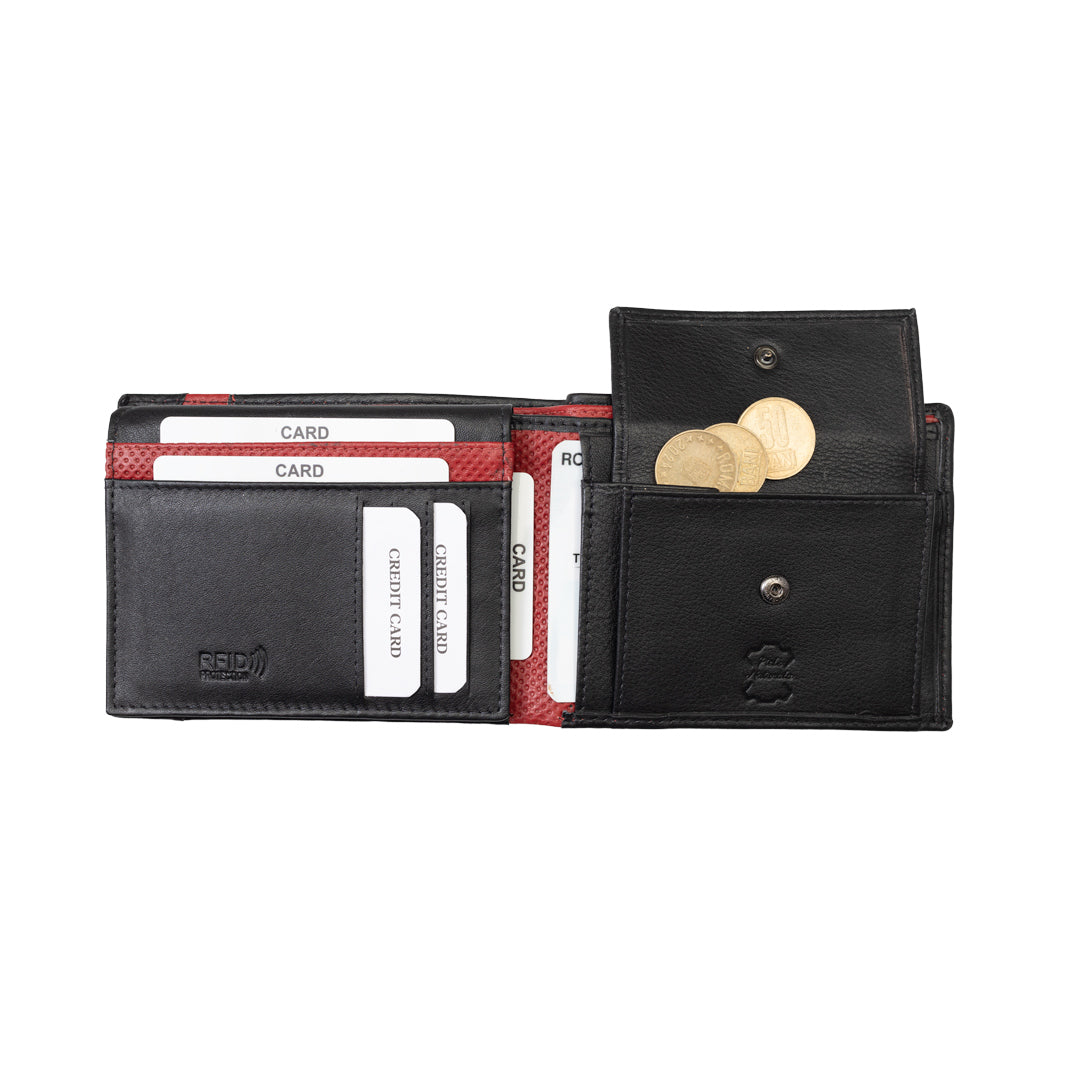 Billetera de cuero genuino negro-rojo Vox para hombre, protección RFID