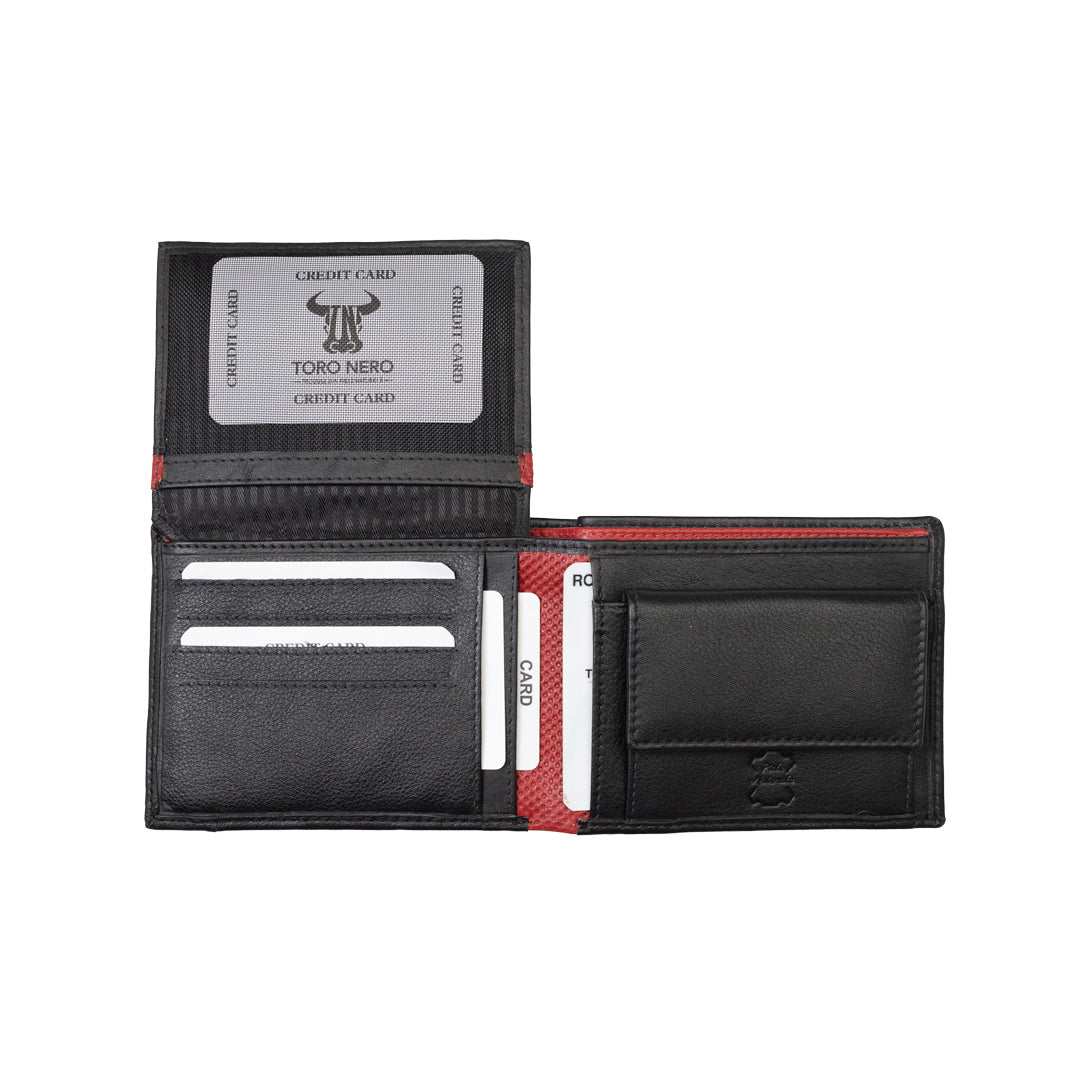 Billetera de cuero genuino negro-rojo Vox para hombre, protección RFID