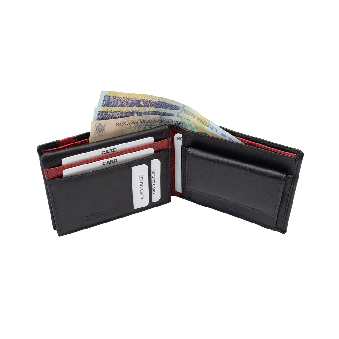 Billetera de cuero genuino negro-rojo Vox para hombre, protección RFID