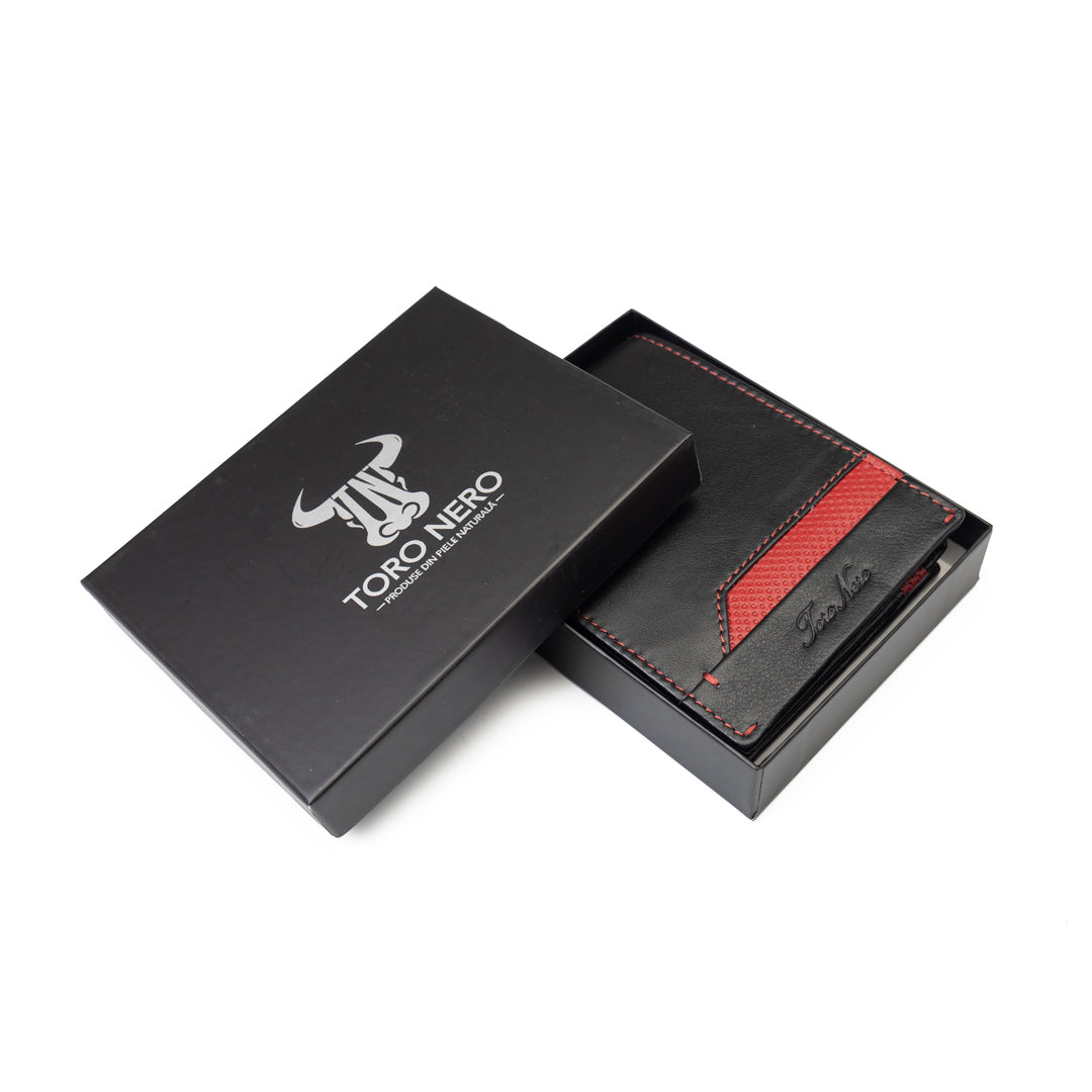 Billetera de cuero genuino negro-rojo Vox para hombre, protección RFID